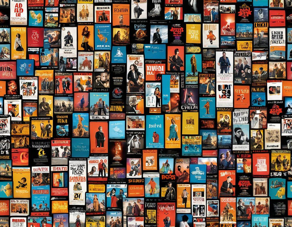 A vibrant collage showcasing an extensive movie catalog, featuring iconic film posters and digital download icons, set against a stylish modern media room backdrop. Include a cinematic feel with film reels and popcorn scattered artistically around. Add a diverse group of people excitedly browsing through the catalog on digital devices. colorful and engaging. super-realistic. vibrant colors. 3D.