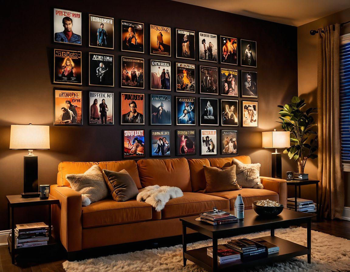 A cozy home theater setting featuring a plush couch and a large screen displaying various adult film DVD covers in a decorative rack. Soft ambient lighting creates an inviting atmosphere, and popcorn and drinks are placed on a stylish side table. The wall is adorned with framed posters of classic films. Warm tones and a hint of film grain texture to enhance the cinematic feel. super-realistic. vibrant colors. cozy interior.