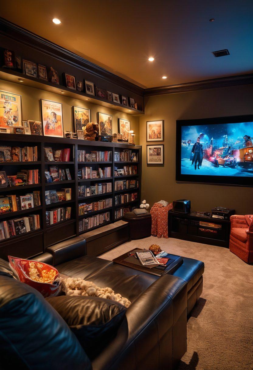 A cozy, dimly-lit home theater room with a large screen displaying a classic movie scene, surrounded by plush seating and scattered popcorn. In the foreground, an organized shelf showcasing a diverse collection of hardcore action and drama movie DVDs, with retro film posters on the walls. Add a glowing remote control and cozy blankets draped over the chairs to accentuate comfort and warmth. super-realistic. vibrant colors.